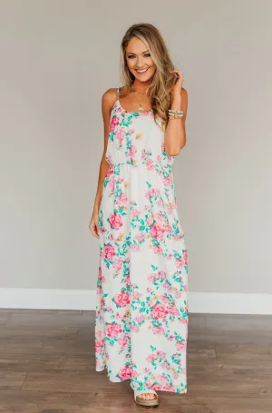 Committing To Forever Floral Maxi Dress- Ivory & Pink