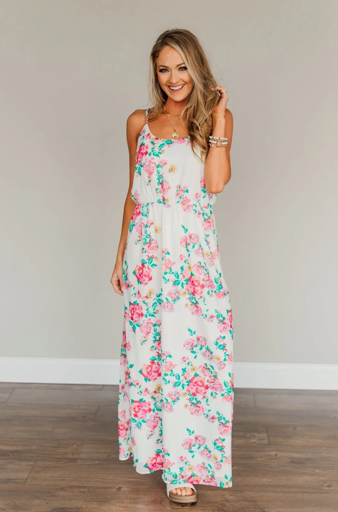 Committing To Forever Floral Maxi Dress- Ivory & Pink