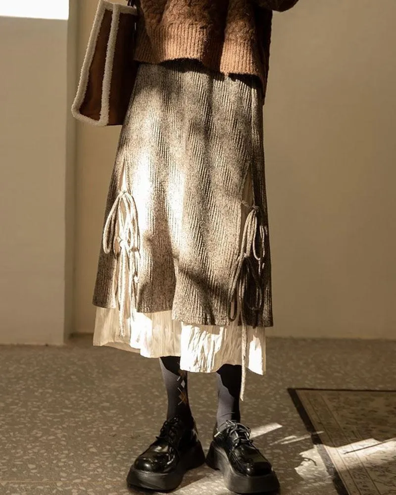Cotton And Linen Patchwork Strap Maxi Skirt