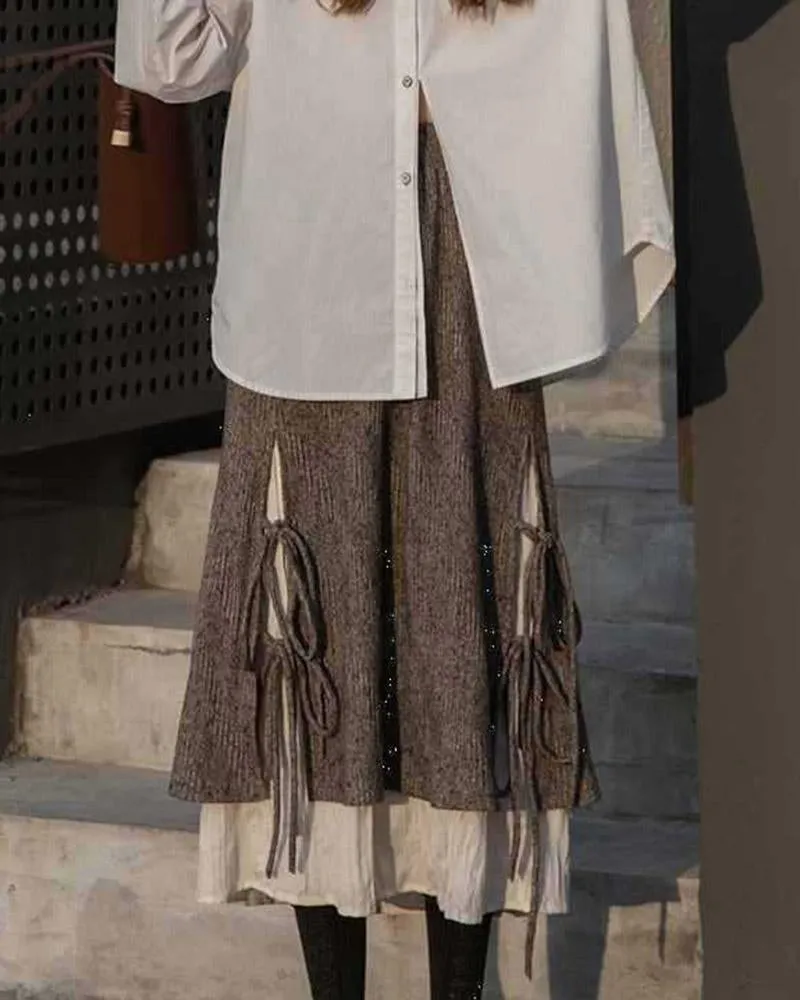 Cotton And Linen Patchwork Strap Maxi Skirt