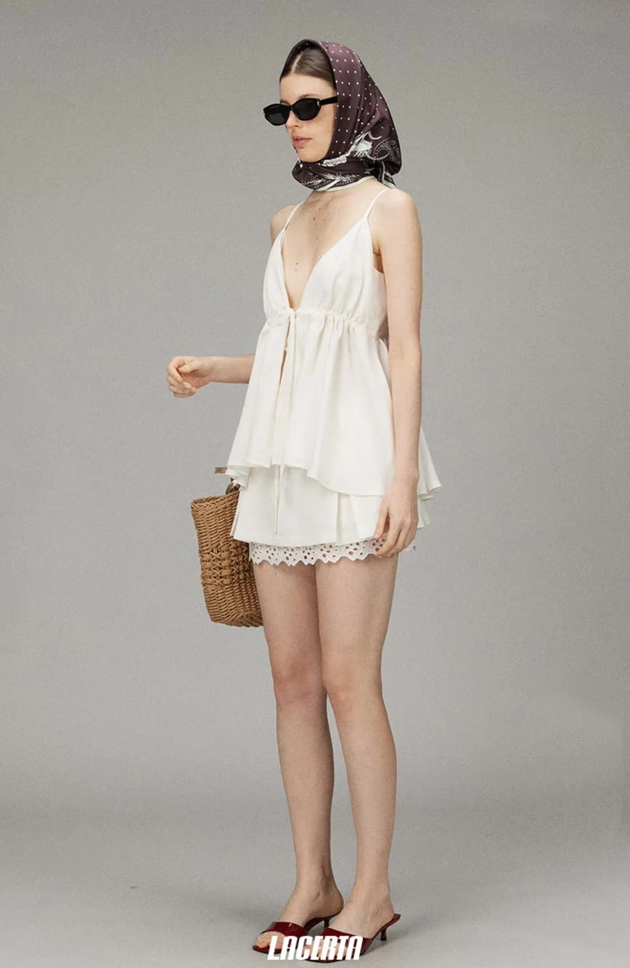 Cotton-Linen Lace Hem Pleated Skirt