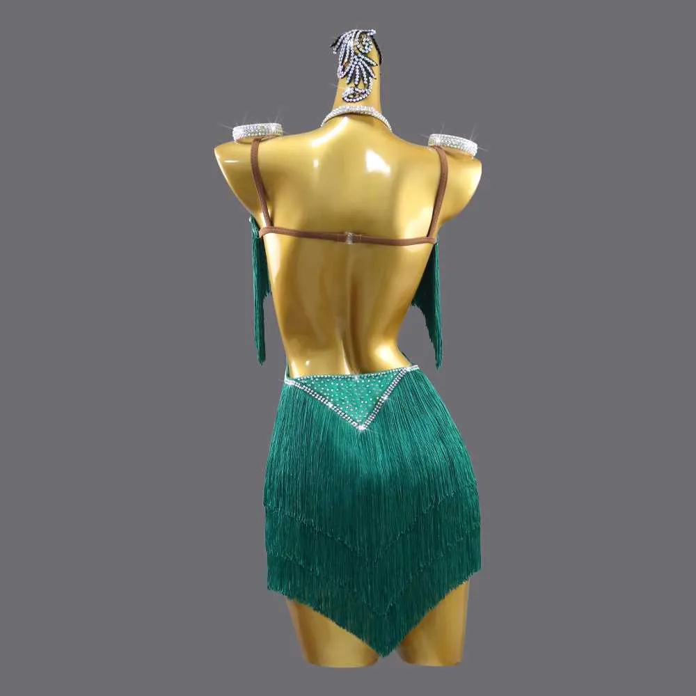 Custom size Dark Green fringe Latin Dance dresses for women girls kids Professional Salsa rumba chacha Art Examination clothing
