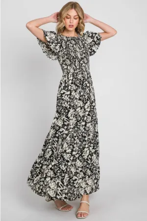 D134 FLORAL SMOCK POCKET MAXI DRESS