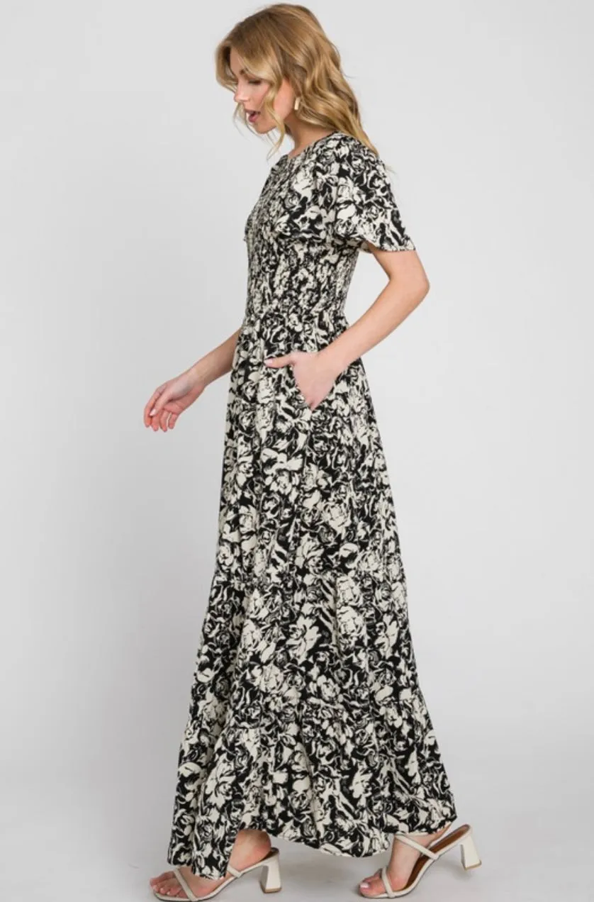 D134 FLORAL SMOCK POCKET MAXI DRESS