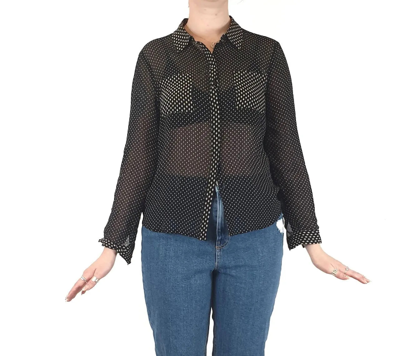 David Lawrence pure silk semi-sheer black polka dot shirt size 12