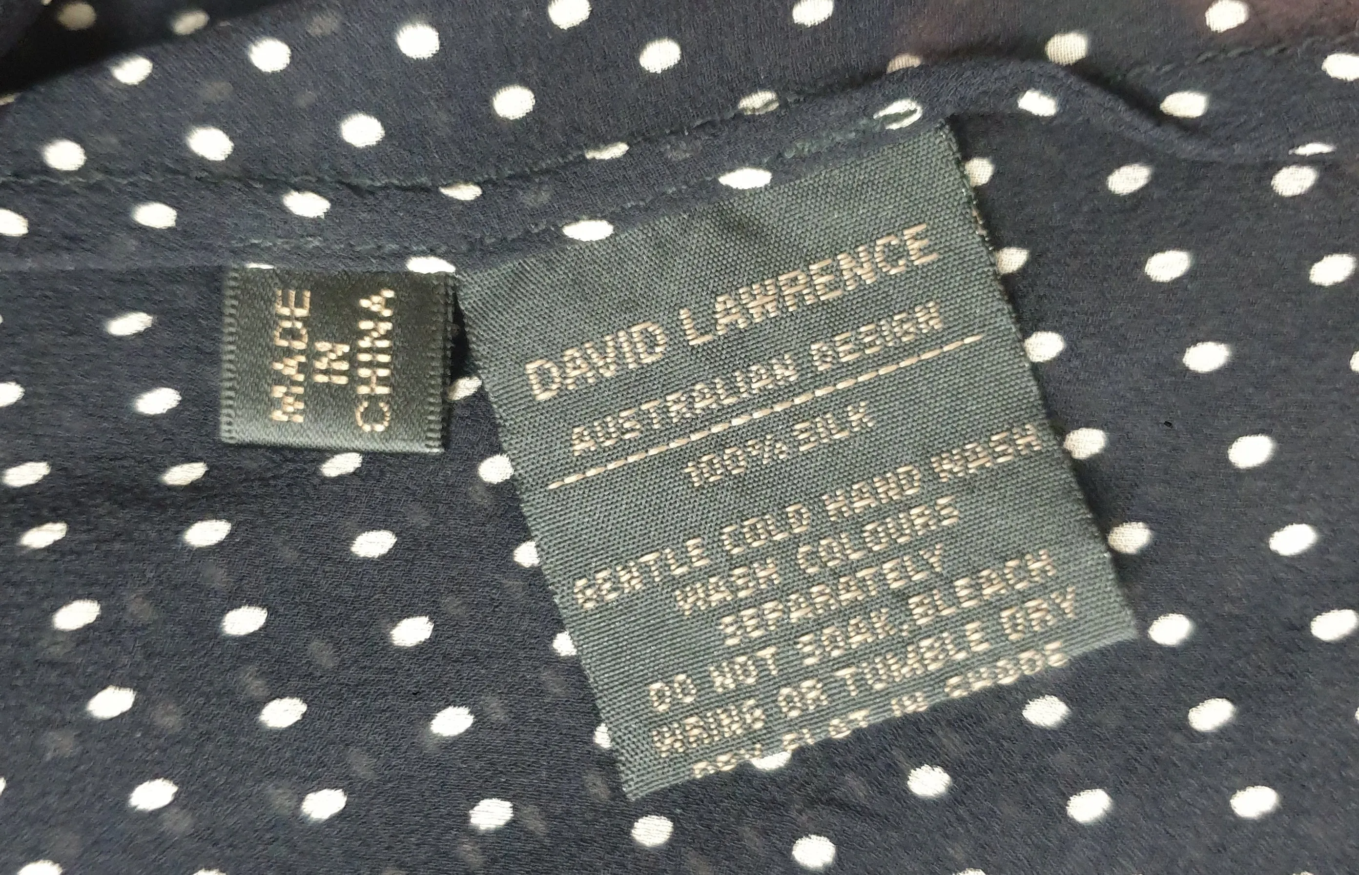David Lawrence pure silk semi-sheer black polka dot shirt size 12