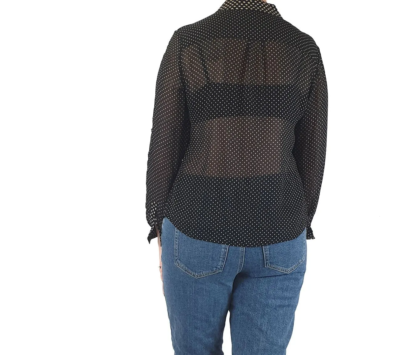David Lawrence pure silk semi-sheer black polka dot shirt size 12