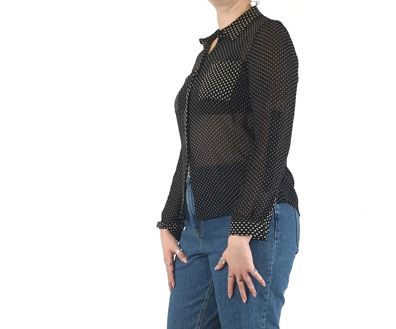 David Lawrence pure silk semi-sheer black polka dot shirt size 12