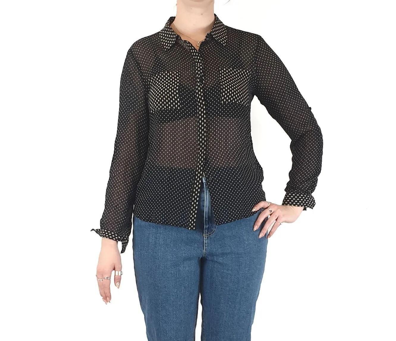 David Lawrence pure silk semi-sheer black polka dot shirt size 12