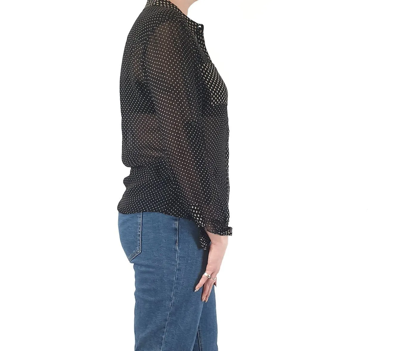 David Lawrence pure silk semi-sheer black polka dot shirt size 12
