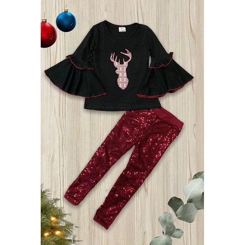 Deer antler printed bell sleeve with sequins leggings.