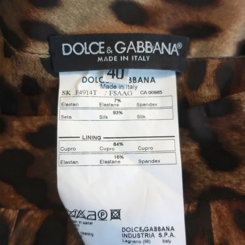 Dolce & Gabbana Leopard Print Pencil Skirt Brown Stretch Silk Satin Size 40