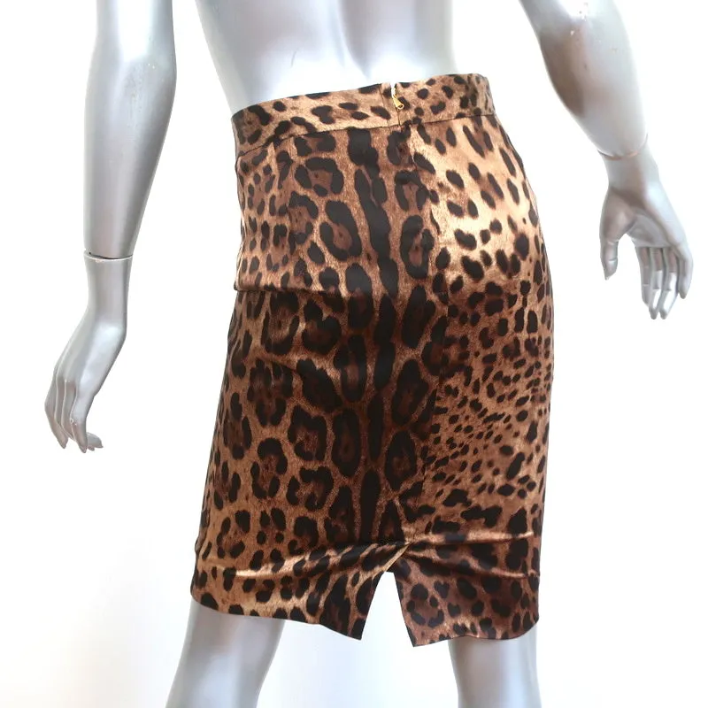 Dolce & Gabbana Leopard Print Pencil Skirt Brown Stretch Silk Satin Size 40
