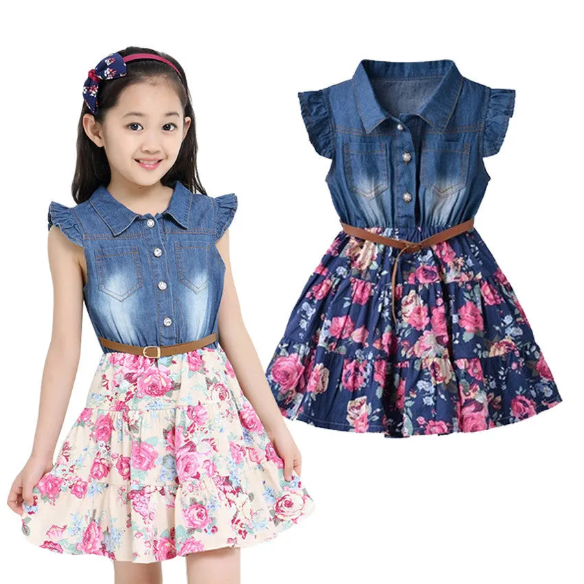 Dresses For Girls Cotton Children Clothing Denim Baby Clothes Floral Short Sleeve Kids Clothes For Girls Princess Dress