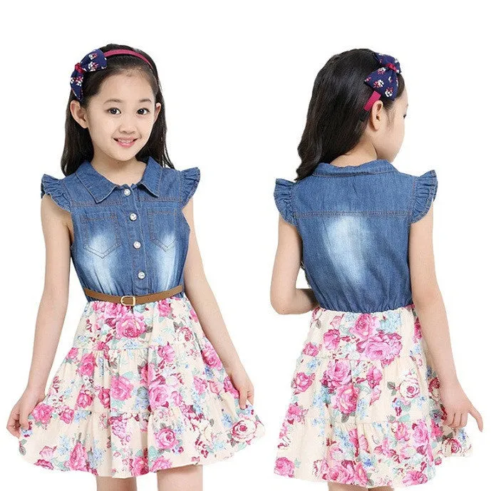 Dresses For Girls Cotton Children Clothing Denim Baby Clothes Floral Short Sleeve Kids Clothes For Girls Princess Dress