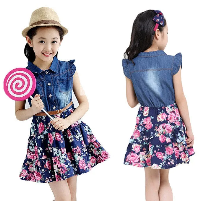 Dresses For Girls Cotton Children Clothing Denim Baby Clothes Floral Short Sleeve Kids Clothes For Girls Princess Dress