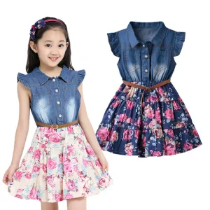 Dresses For Girls Cotton Children Clothing Denim Baby Clothes Floral Short Sleeve Kids Clothes For Girls Princess Dress