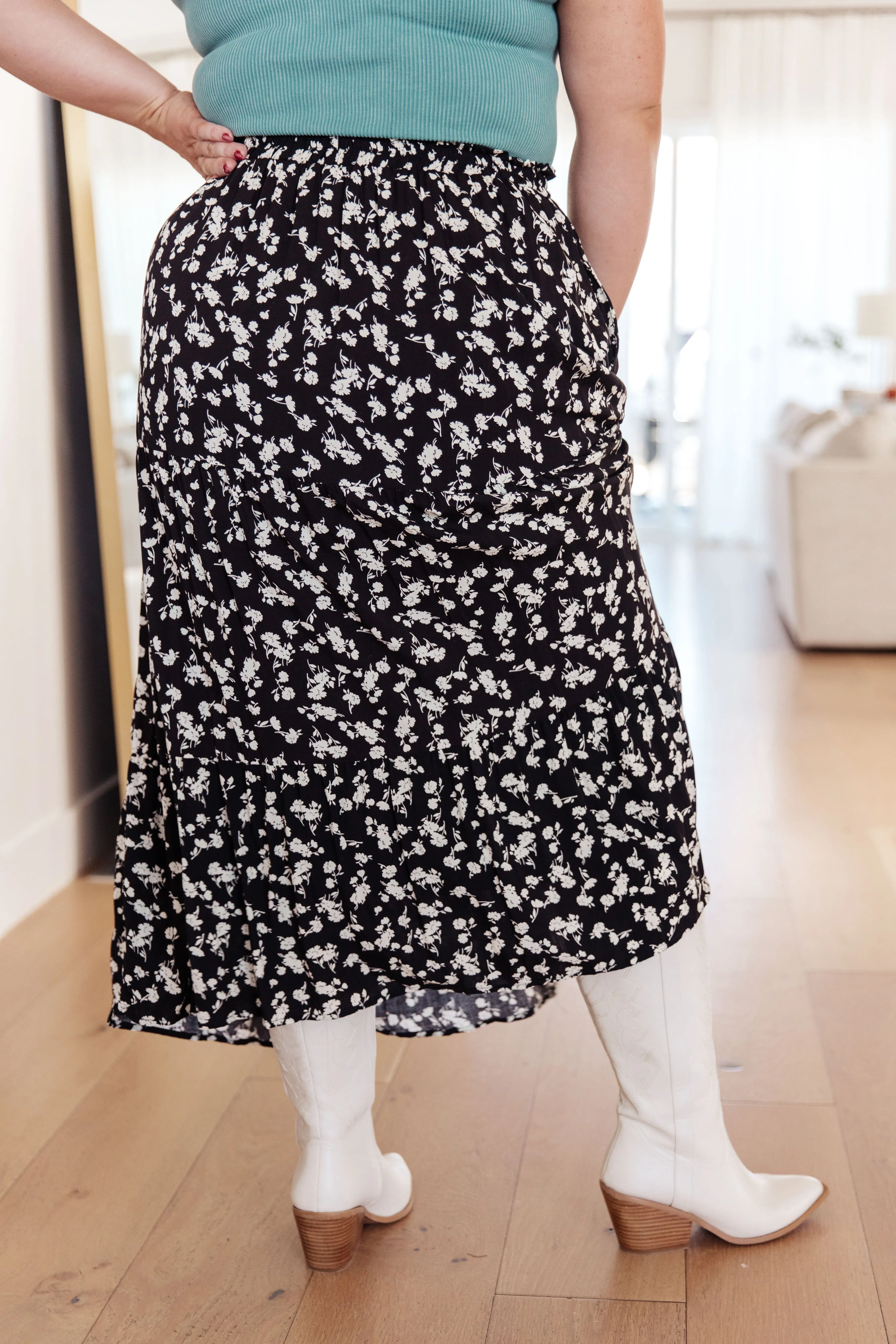 Elaine Floral Maxi Skirt in Black - Ditsy Floral Print, Tiered, Pockets
