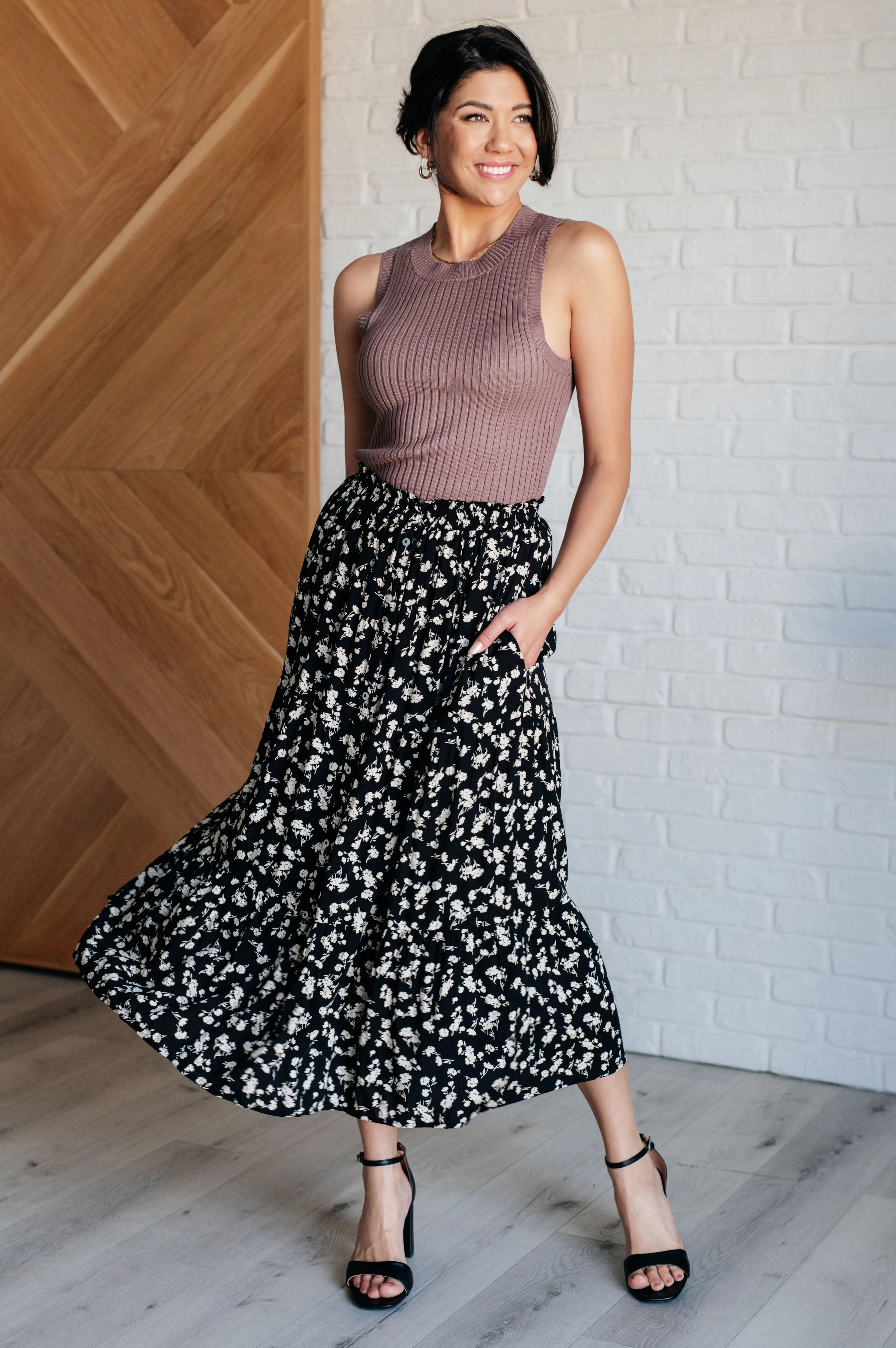 Elaine Floral Maxi Skirt in Black - Ditsy Floral Print, Tiered, Pockets