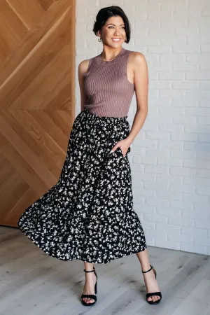 Elaine Floral Maxi Skirt in Black - Ditsy Floral Print, Tiered, Pockets
