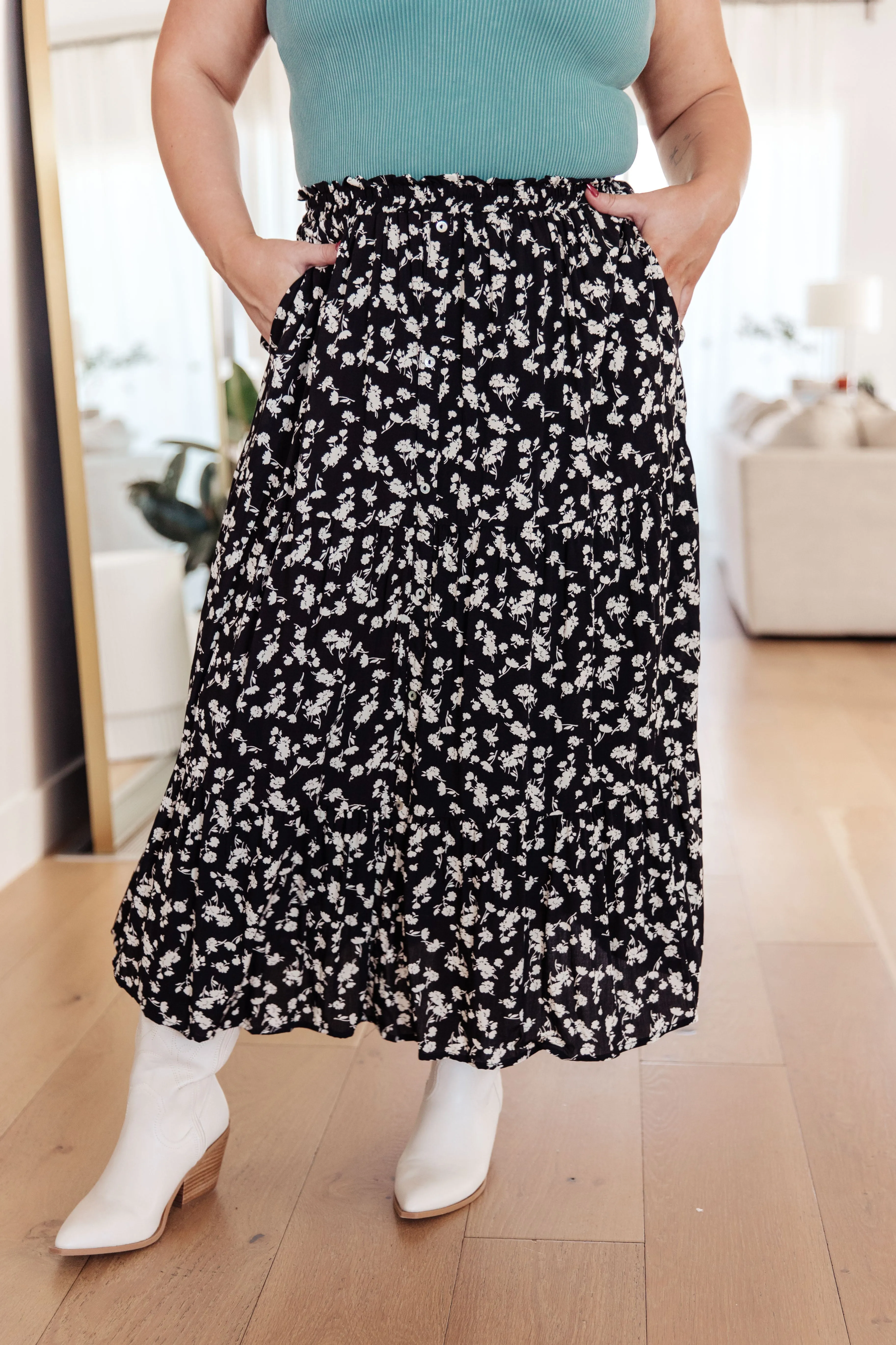 Elaine Floral Maxi Skirt in Black - Ditsy Floral Print, Tiered, Pockets