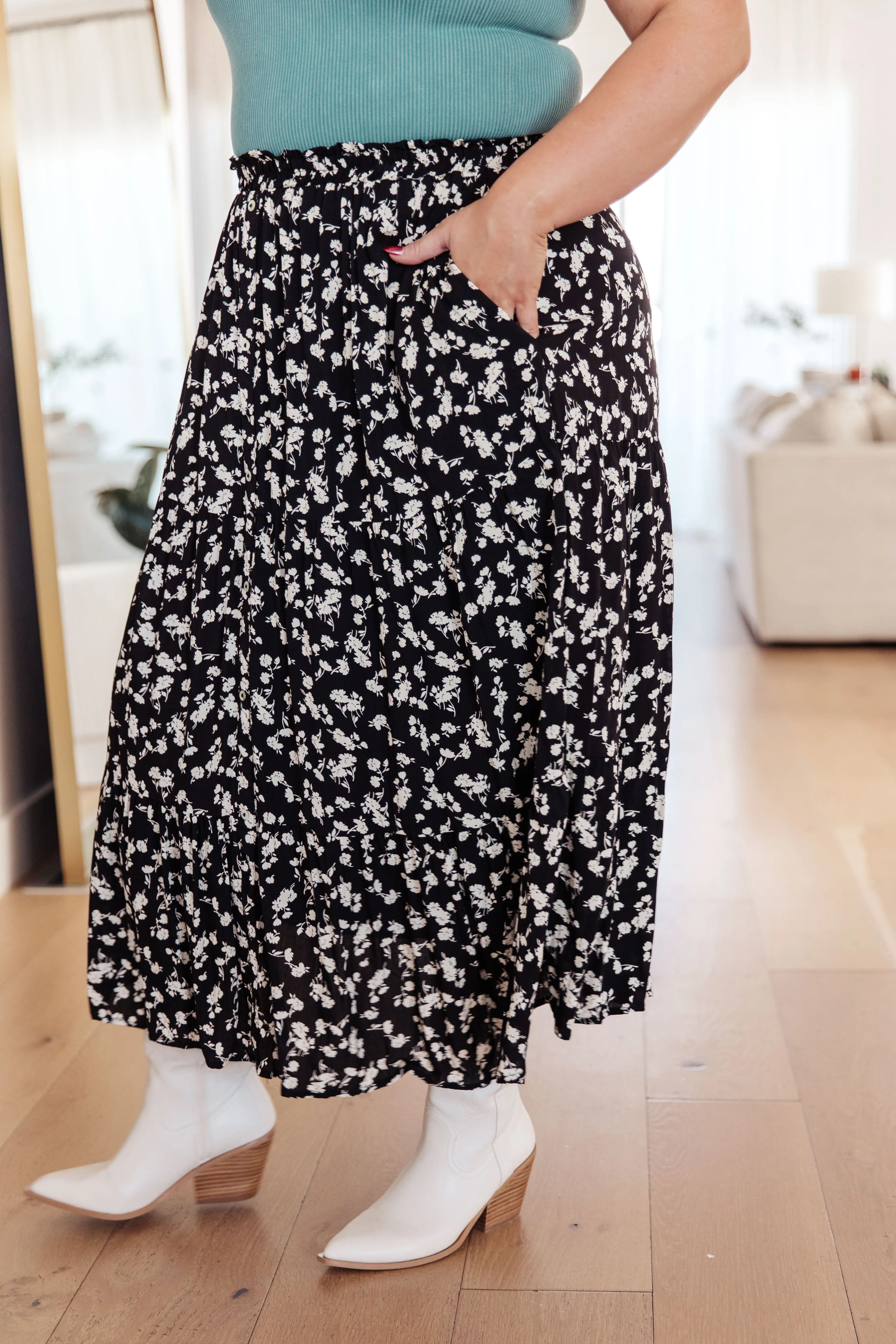 Elaine Floral Maxi Skirt in Black - Ditsy Floral Print, Tiered, Pockets