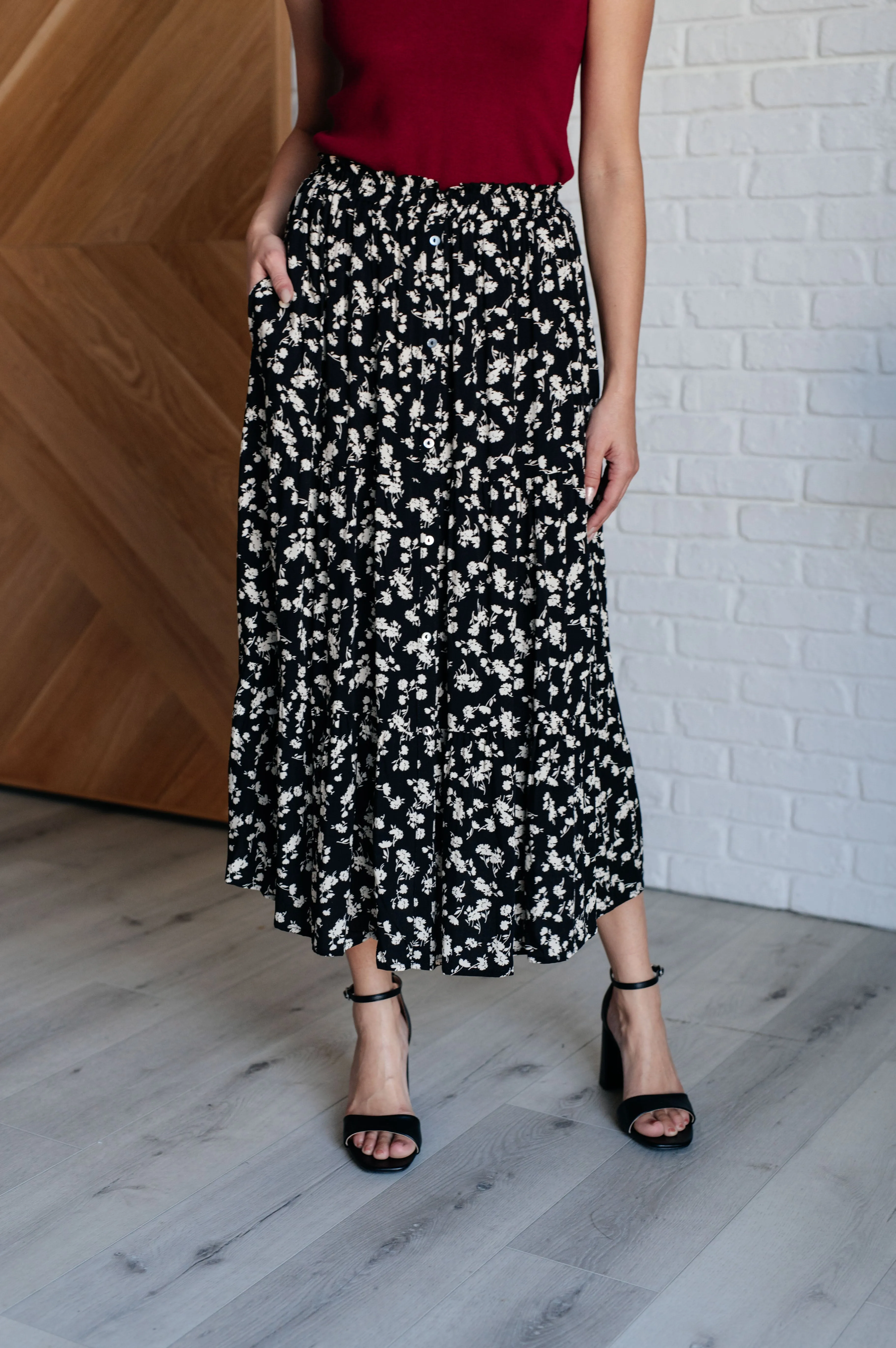 Elaine Floral Maxi Skirt in Black - Ditsy Floral Print, Tiered, Pockets