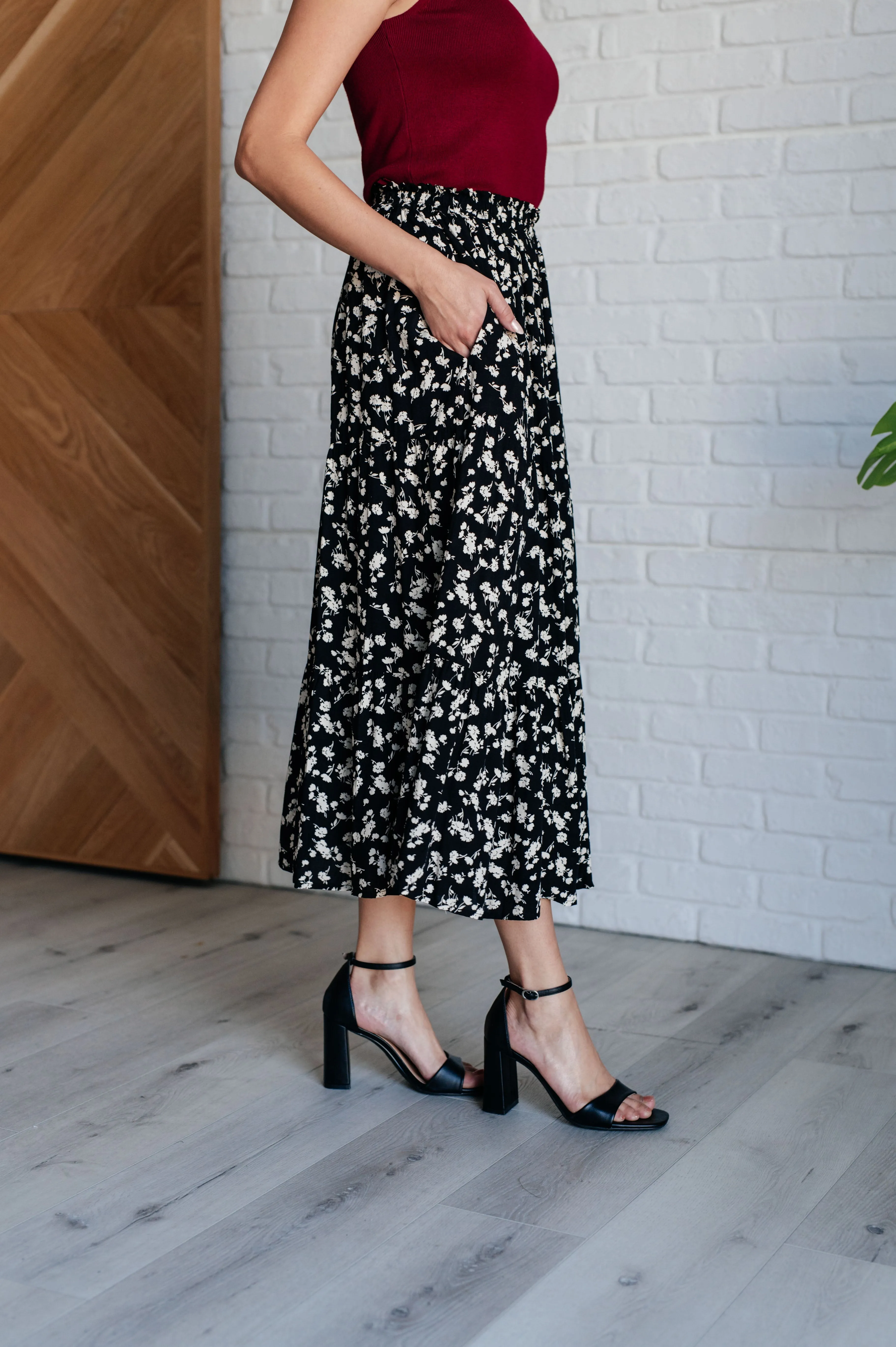 Elaine Floral Maxi Skirt in Black - Ditsy Floral Print, Tiered, Pockets