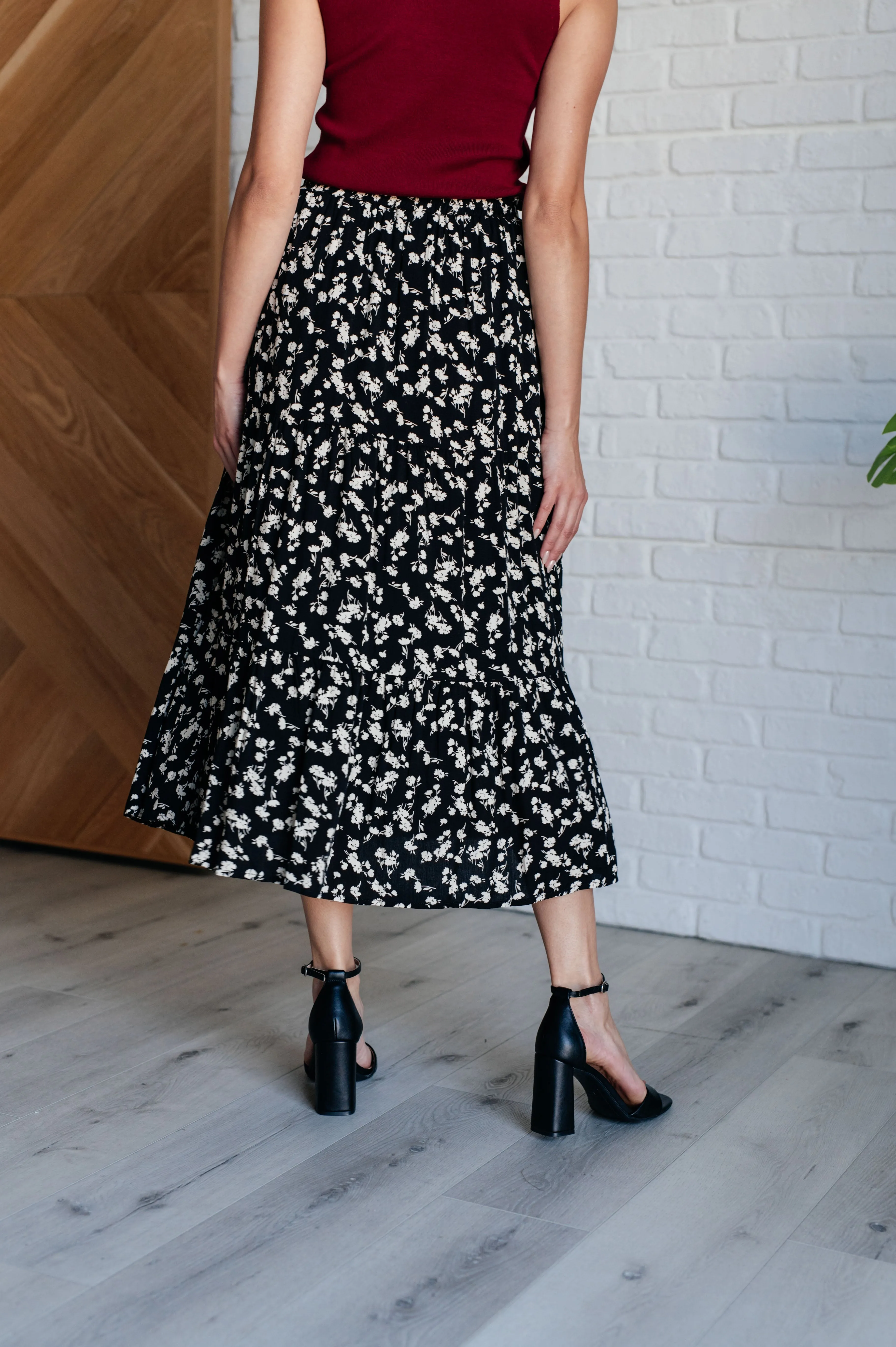 Elaine Floral Maxi Skirt in Black - Ditsy Floral Print, Tiered, Pockets
