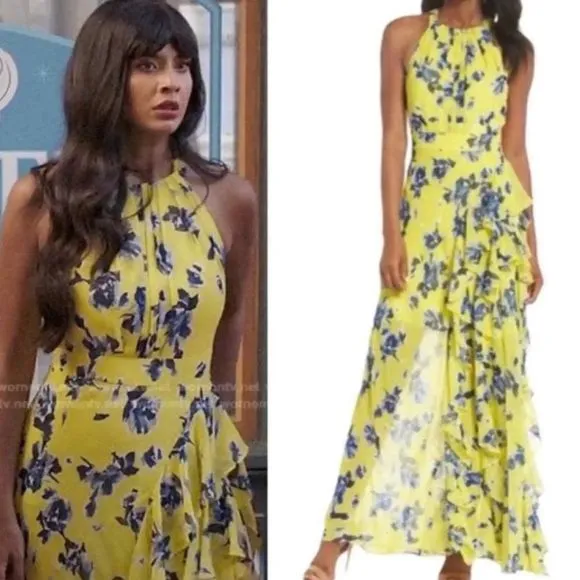 Eliza J Sleeveless Halter Neck Ruffle Thigh High Slit Floral Print Maxi dress