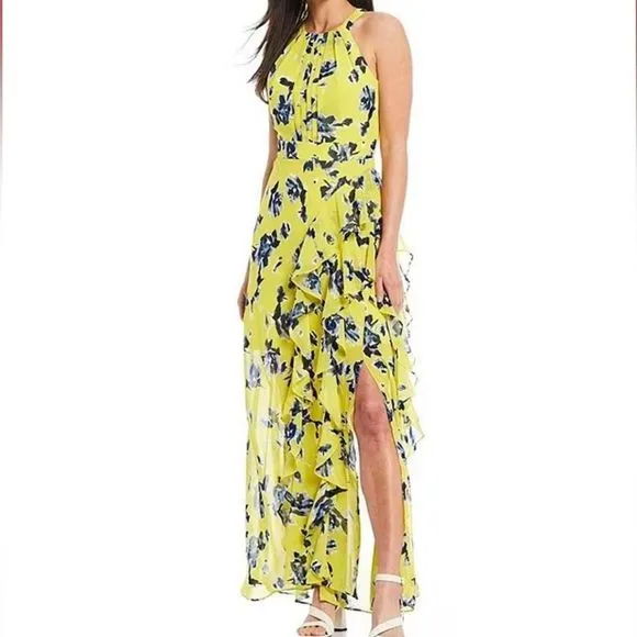 Eliza J Sleeveless Halter Neck Ruffle Thigh High Slit Floral Print Maxi dress