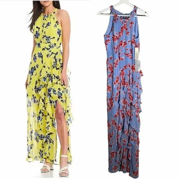 Eliza J Sleeveless Halter Neck Ruffle Thigh High Slit Floral Print Maxi dress