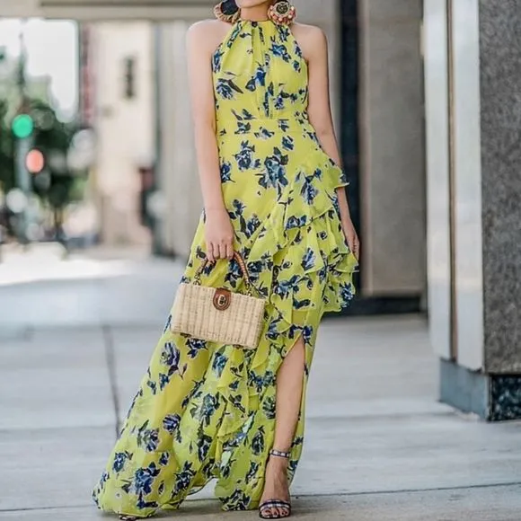 Eliza J Sleeveless Halter Neck Ruffle Thigh High Slit Floral Print Maxi dress