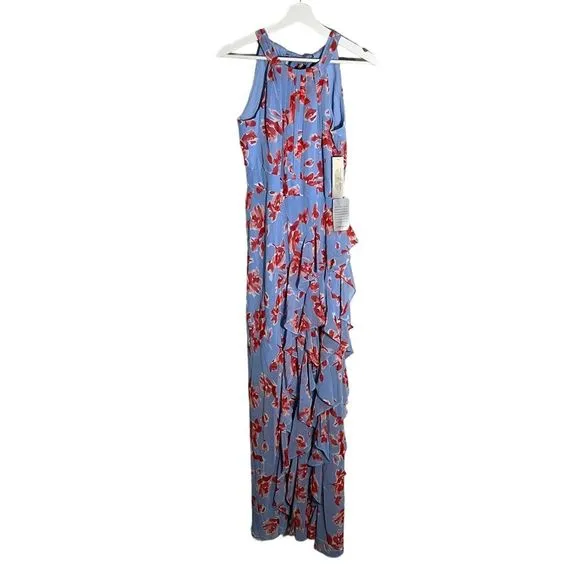 Eliza J Sleeveless Halter Neck Ruffle Thigh High Slit Floral Print Maxi dress