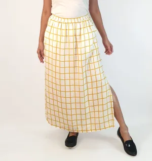 Elk white and mustard check print French linen skirt size 10