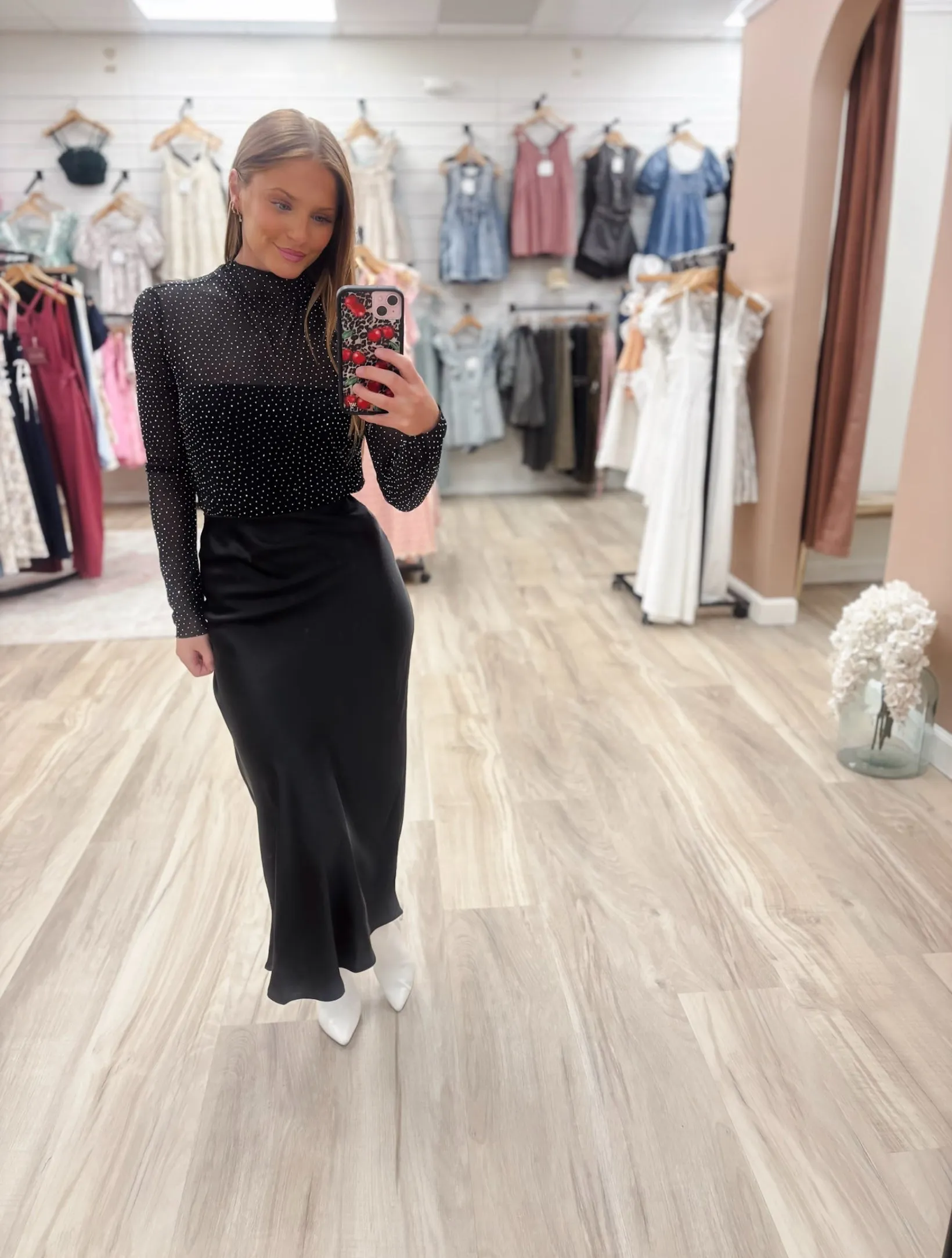 Ella Black Satin Midi Skirt