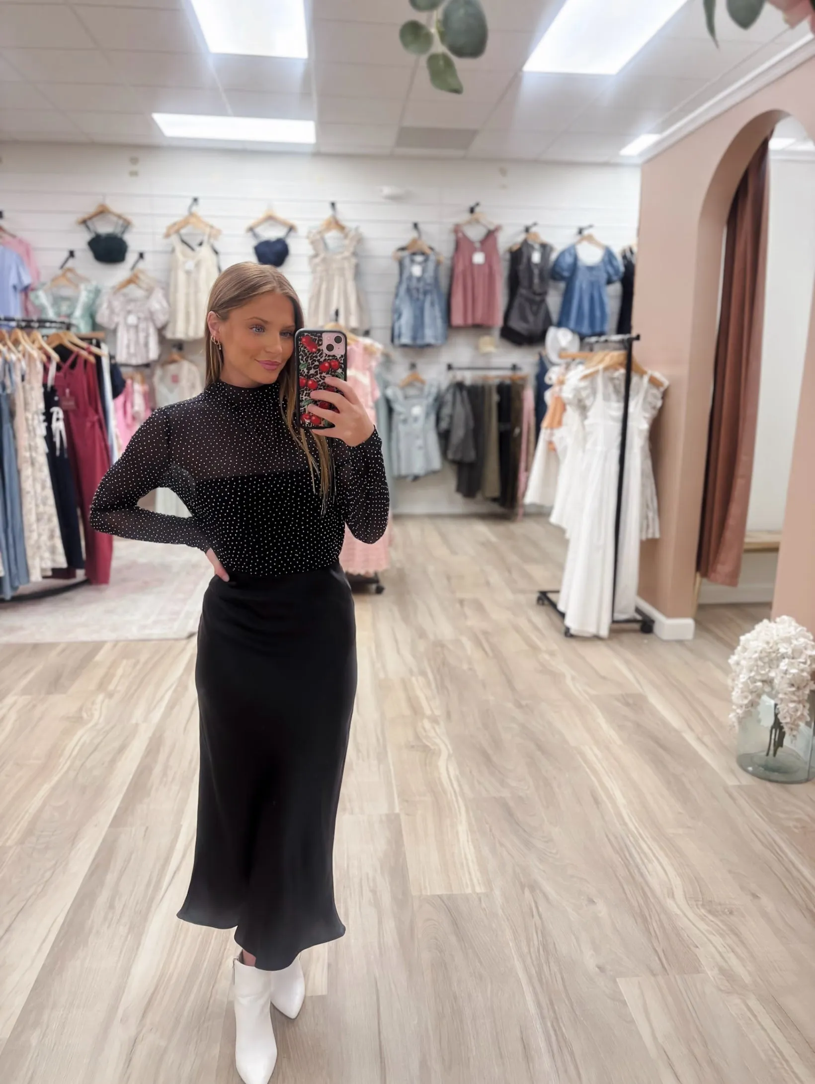 Ella Black Satin Midi Skirt