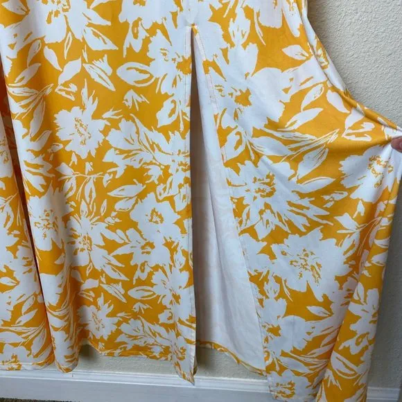ELOQUII Floral Print Dolman Sleeve Maxi Dress Slit Leg Yellow White 24