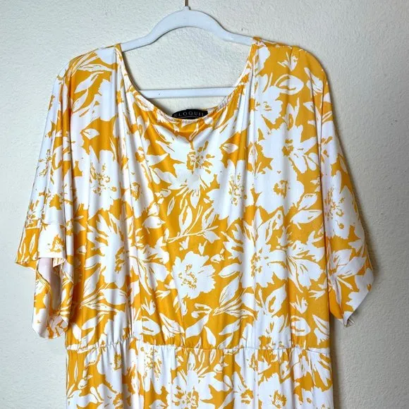 ELOQUII Floral Print Dolman Sleeve Maxi Dress Slit Leg Yellow White 24