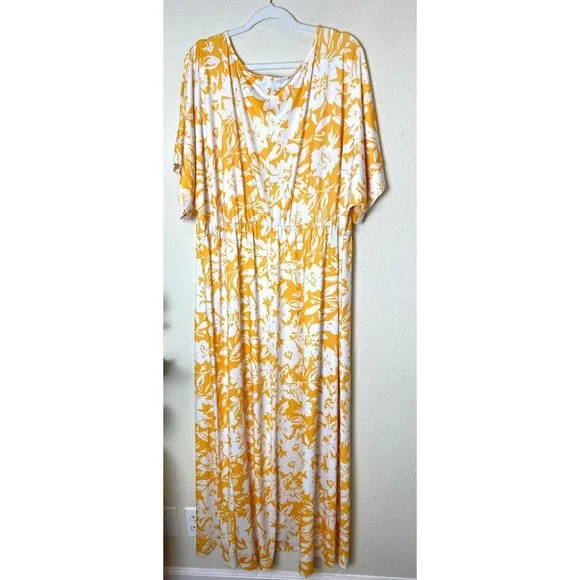 ELOQUII Floral Print Dolman Sleeve Maxi Dress Slit Leg Yellow White 24