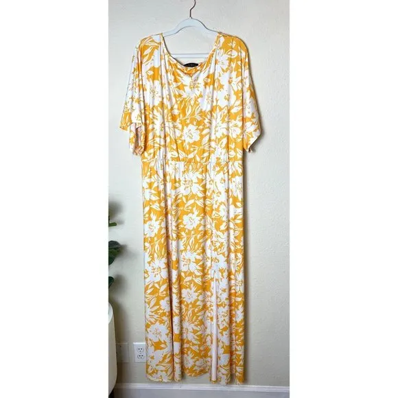 ELOQUII Floral Print Dolman Sleeve Maxi Dress Slit Leg Yellow White 24