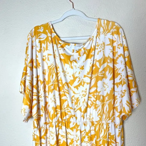 ELOQUII Floral Print Dolman Sleeve Maxi Dress Slit Leg Yellow White 24