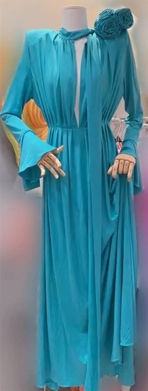 ERIN LANTERN SLEEVE HIGH COLLAR FLOWER SLIT MIDI DRESS IN BLUE
