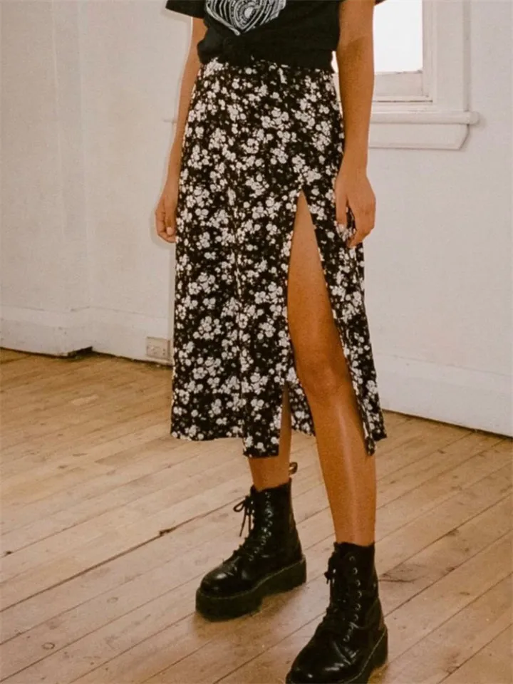 Fashion Leopard Flower Print High Waist A-Line Skirt