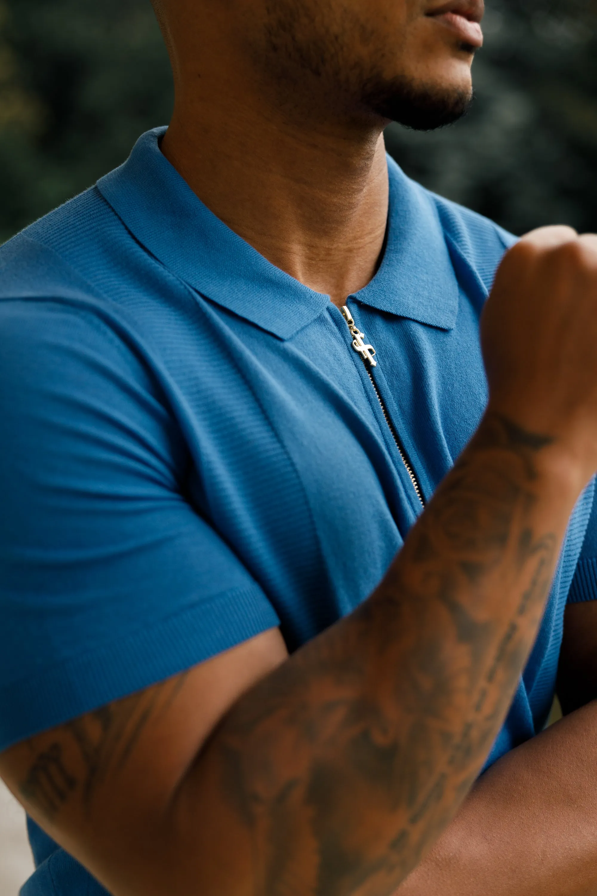 Father Sons Classic Mid Blue and Gold Zip Knitted Polo Shirt Short Sleeve  - FSN134