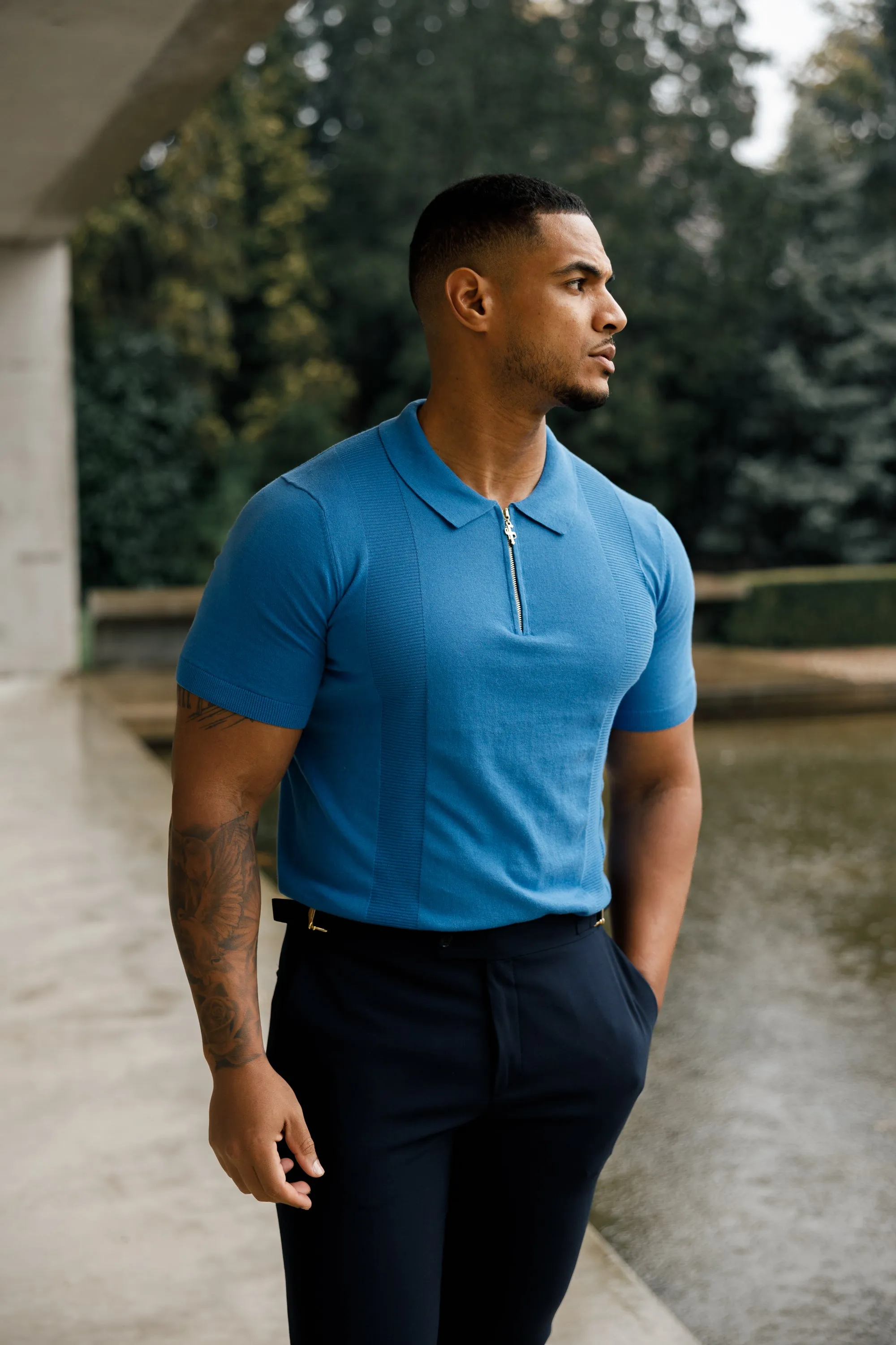 Father Sons Classic Mid Blue and Gold Zip Knitted Polo Shirt Short Sleeve  - FSN134