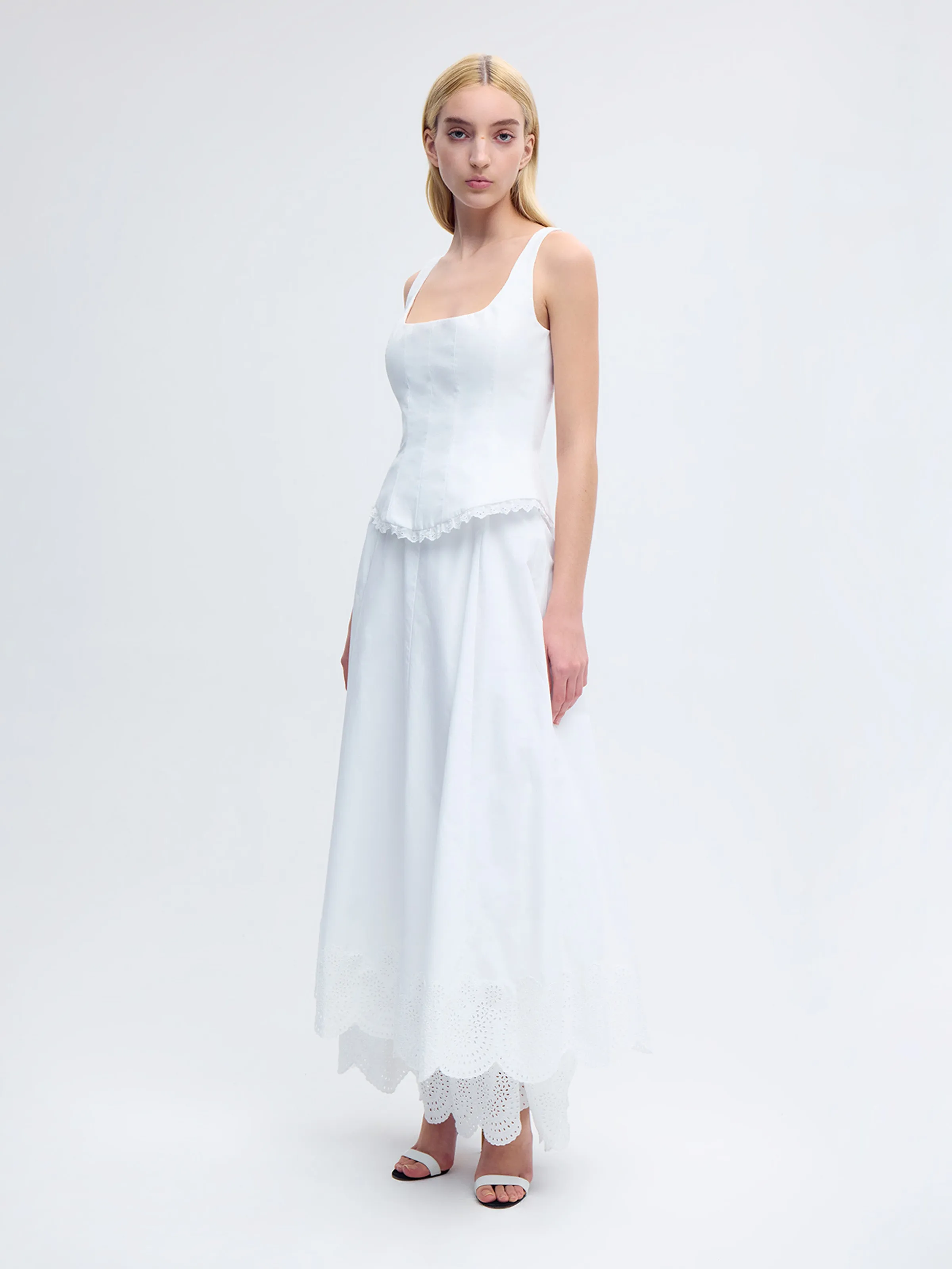 Flared Broderie Midi Skirt in White