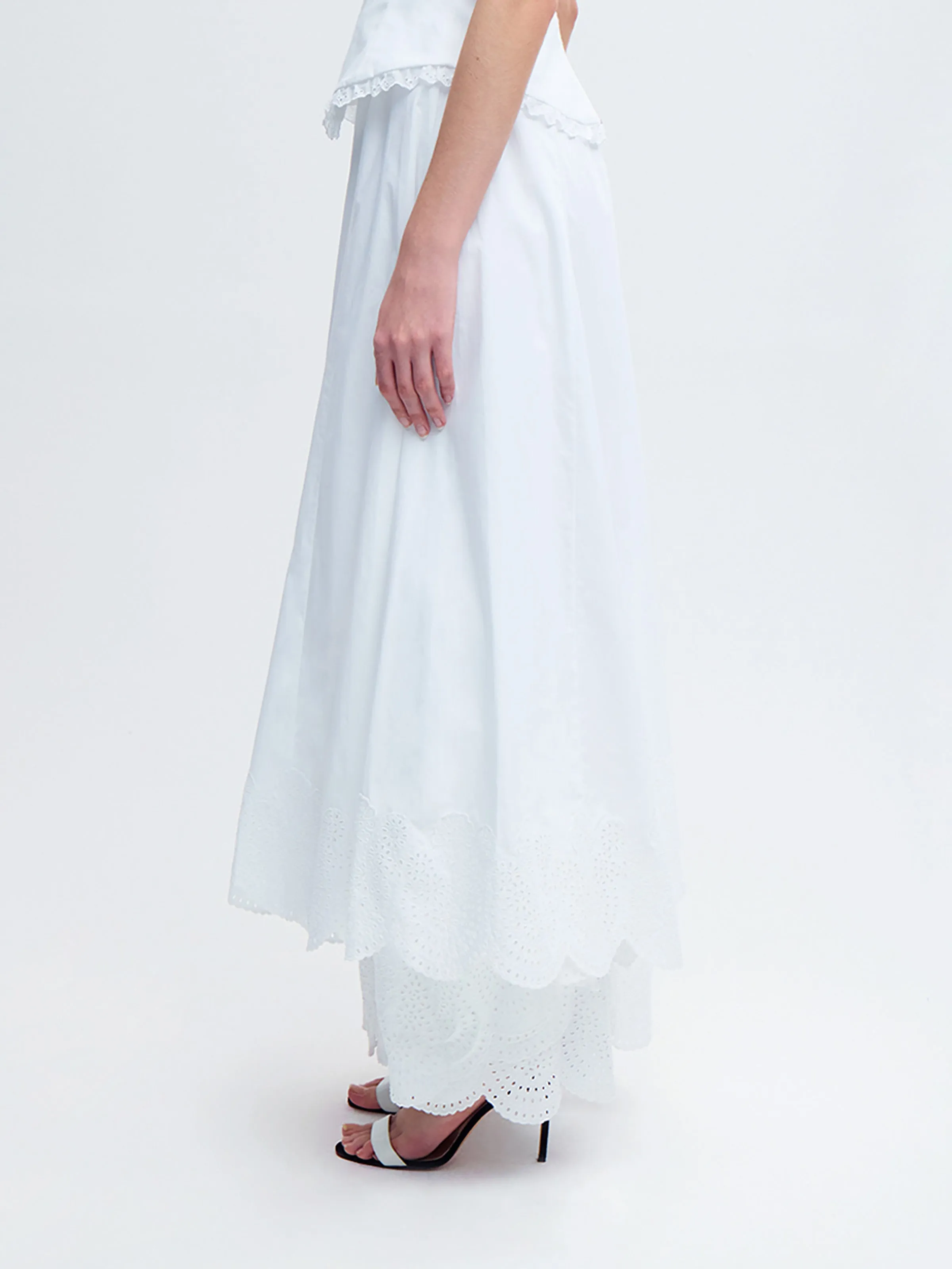 Flared Broderie Midi Skirt in White