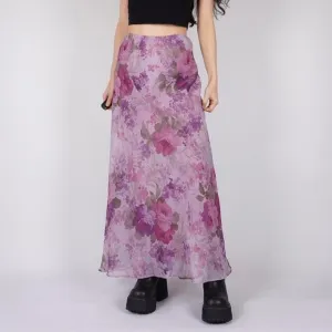 Floral Chiffon Maxi Skirt - Lightweight High Waist Mesh/Polyester