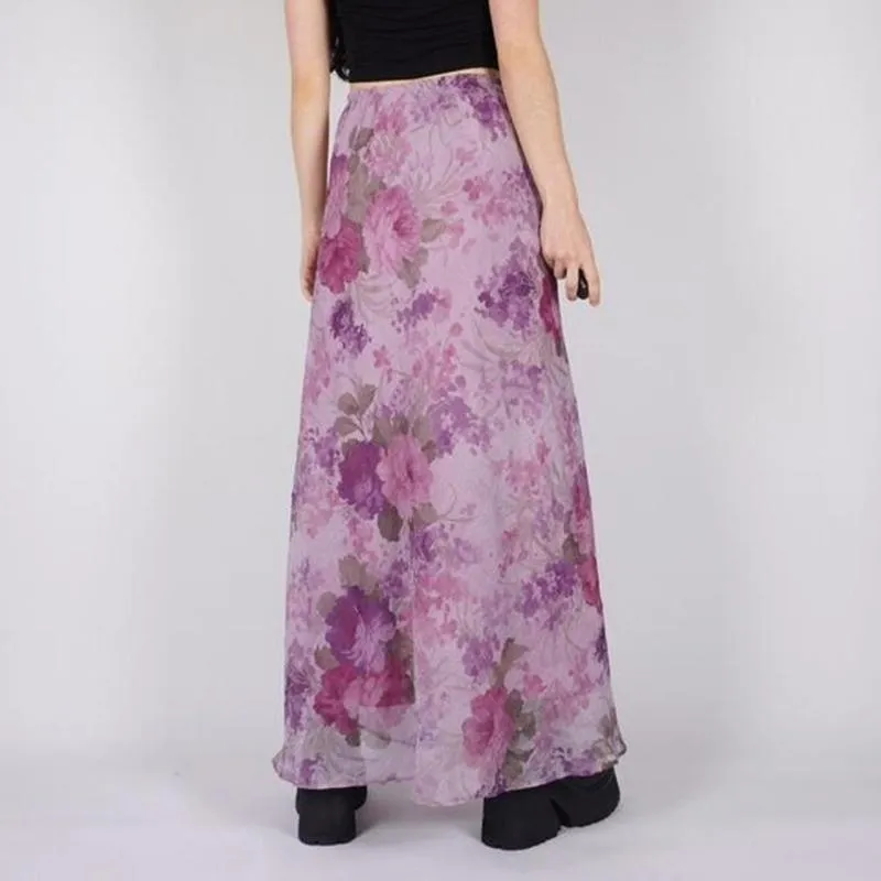Floral Chiffon Maxi Skirt - Lightweight High Waist Mesh/Polyester